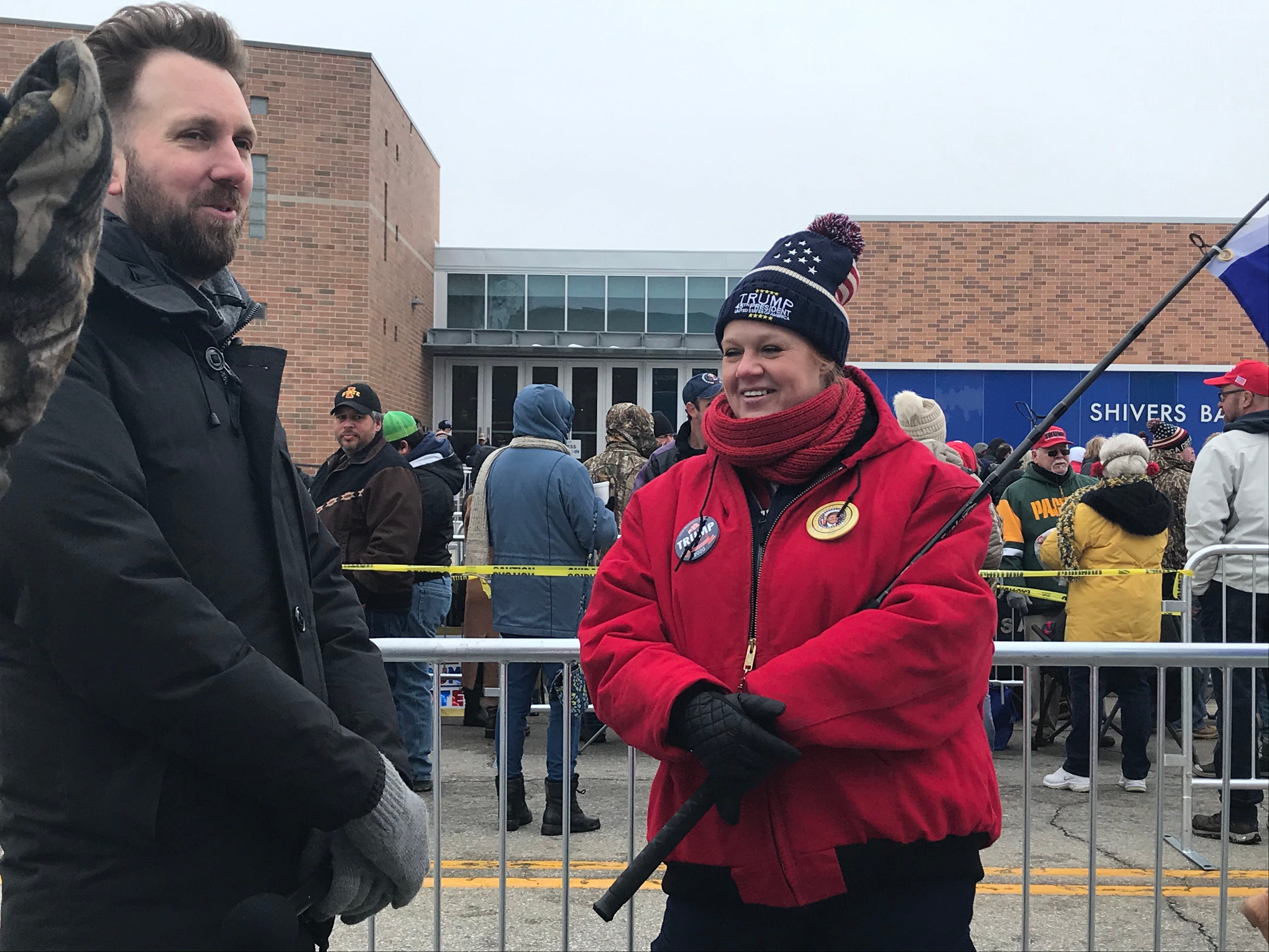 The Daily Show’s Jordan Klepper interviews Jaimi Fay outside the Knapp Center on the Drake University Campus about her support for President Trump ahead of a rally.