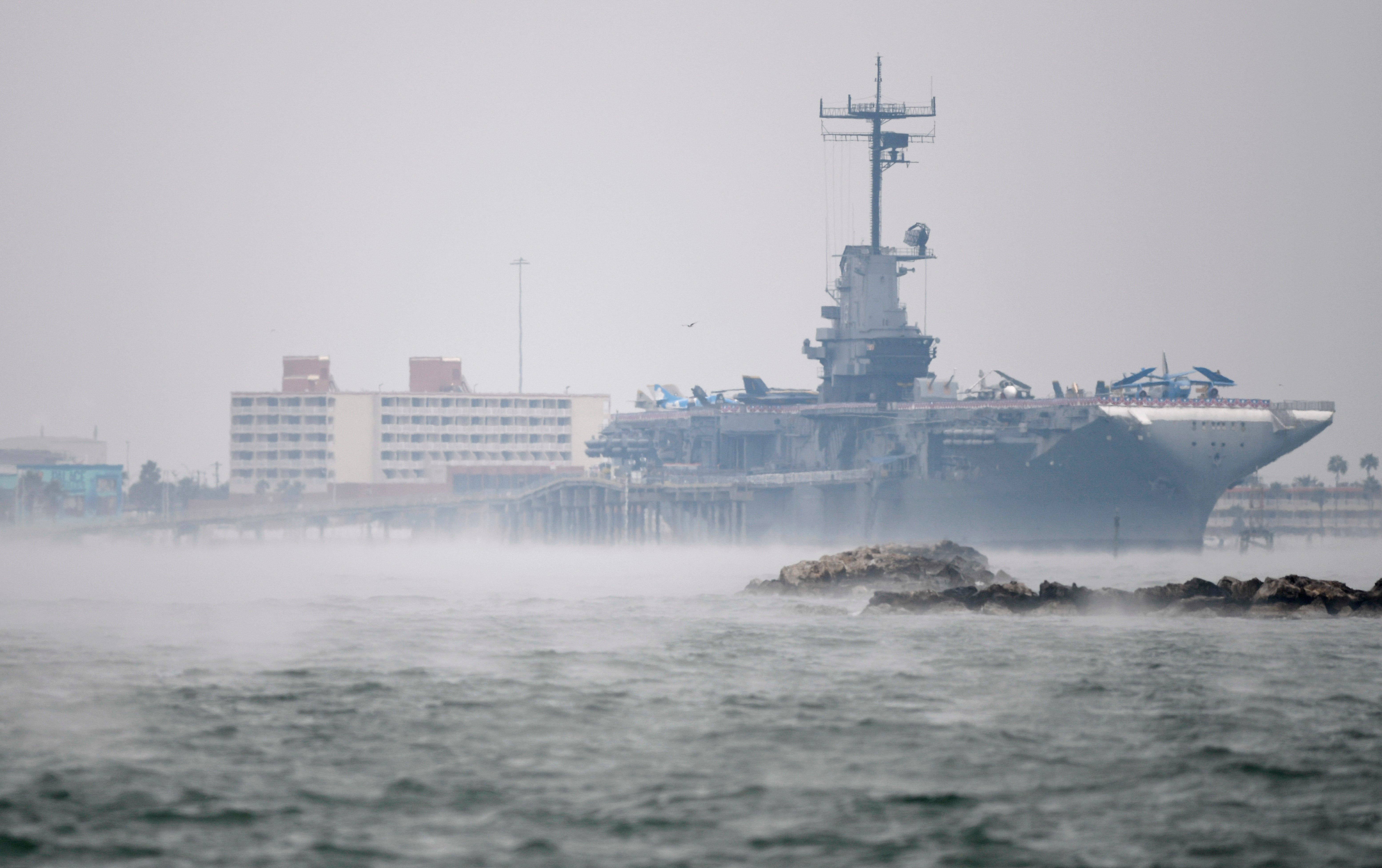 Mist surrounds the USS Lexington ahead of weekend winter weather, Saturday, Feb. 13, 2021. According to the National Weather Service, the winter storm watch is in effect from Feb. 14 until Feb. 15.