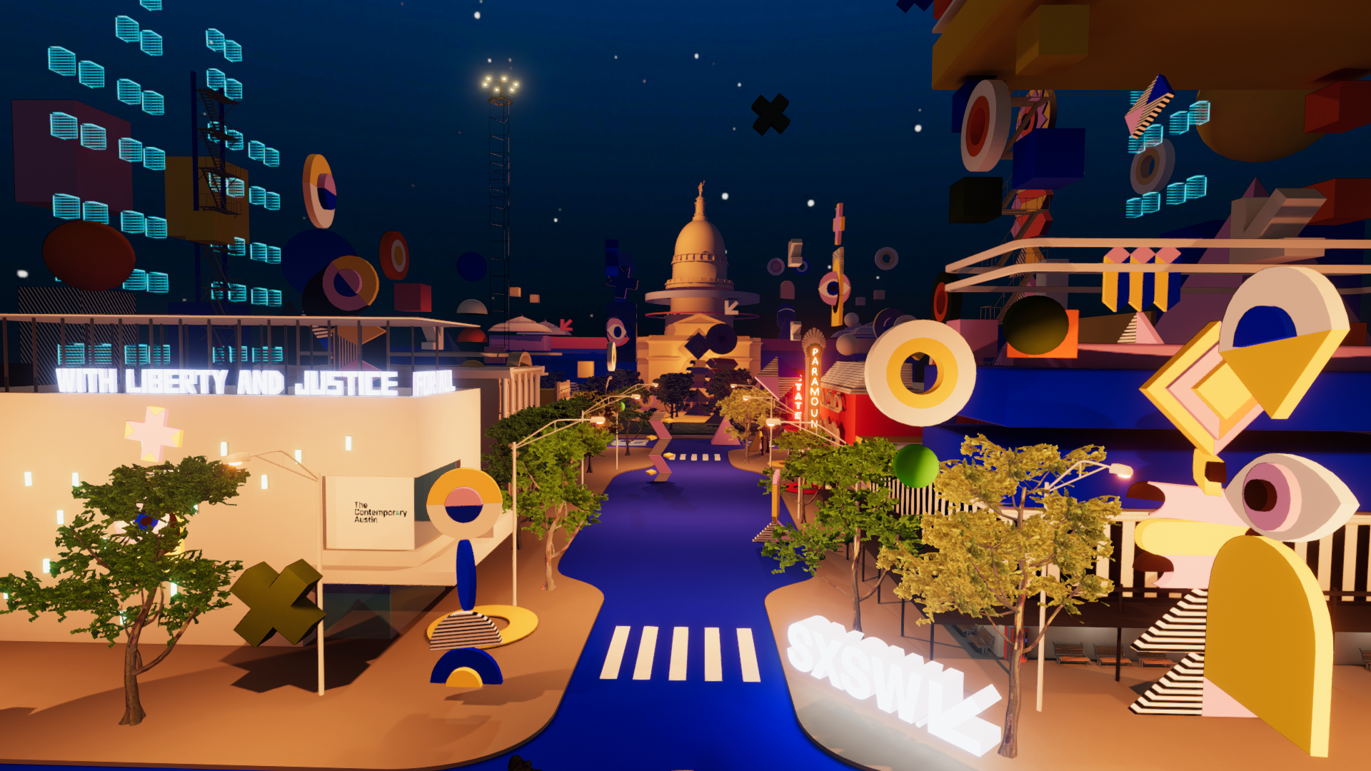A view on Congress Avenue from South by Southwest's virtual world for their 2021 XR experience.