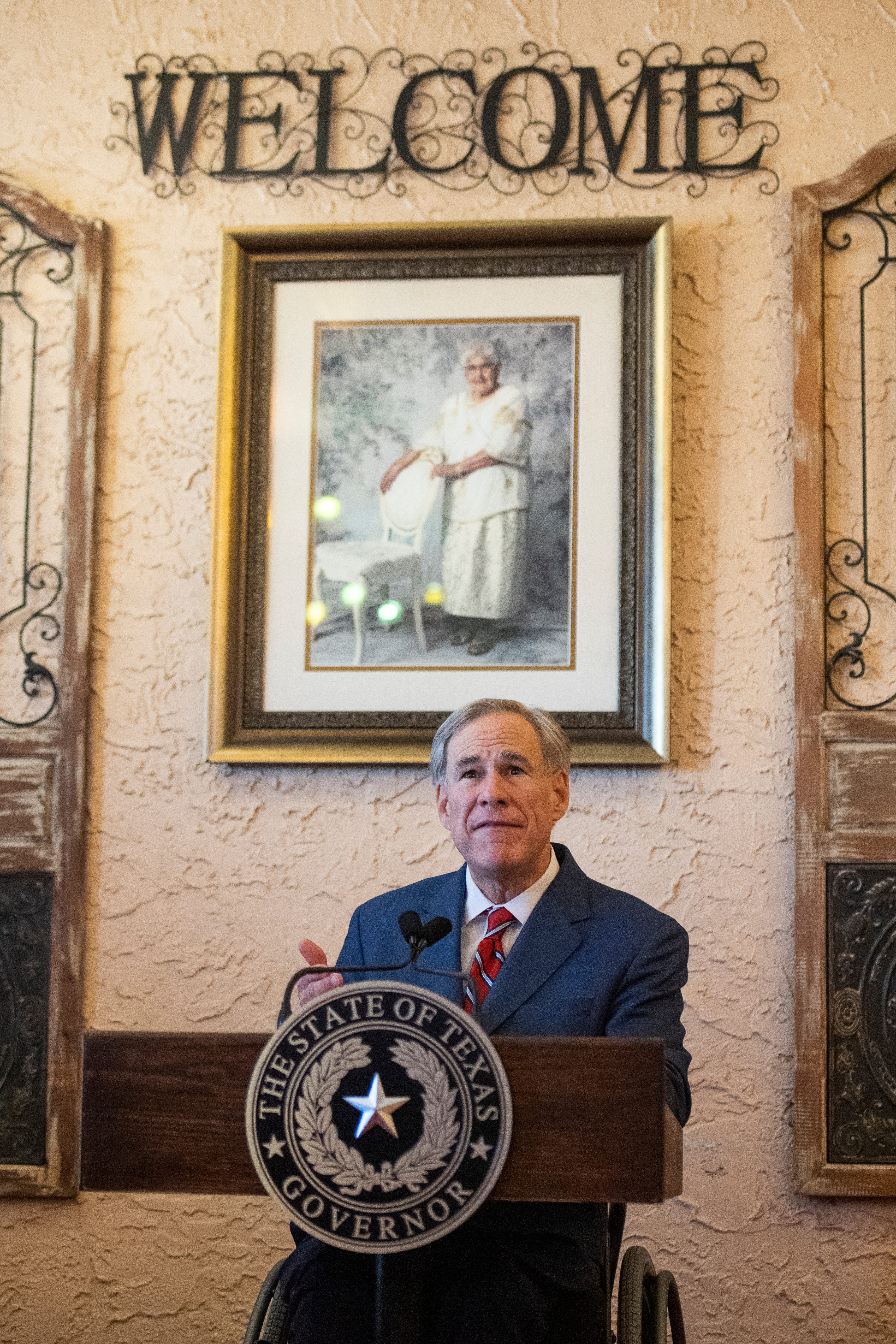 Texas Governor Greg Abbott delivers an announcement in Montelongo's Mexican Restaurant on Tuesday, March 2, 2021, in Lubbock, Texas. On Tuesday Governor Abbott announced that he is rescinding executive orders that limit capacities for businesses and the state wide mask mandate.