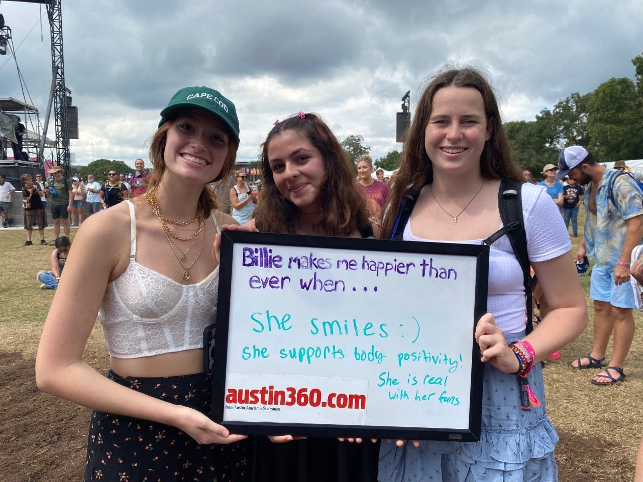 Natasha Chamittoff, 16, left, Sabina Berkley, 17, middle, and Grace Henson, 16, waiting for the Billie Eilish show on Saturday Oct. 2, 2021. All three are from Austin, Texas.
