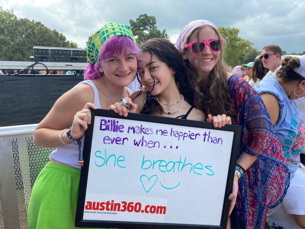 Andi Cannon, 15, left, Kate Johnson, 15, middle, and Rayna Syrett, 16, waiting for the Billie Eilish show on Saturday Oct. 2, 2021. All three are from Austin, Texas.