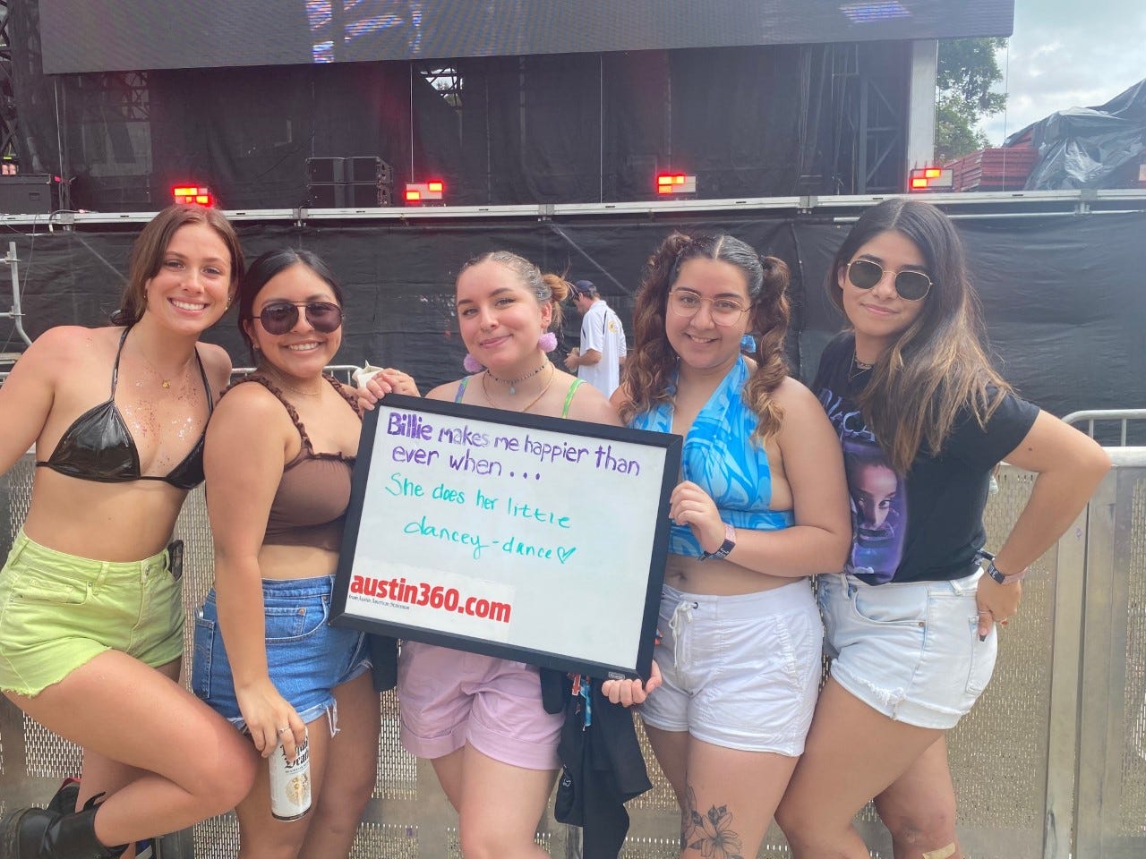 Emily Cook, 16, left, Anahi Claudio, 20, Charity Rodriguez, 21, Jadyn Balderaz, 19, and Elissa Carrasco, 20, waiting for the Billie Eilish show on Saturday Oct. 2, 2021. Cook is from Galveston, Texas. Claudio, Rodriguez, Balderaz and Carrasco are from Edinburg, Texas