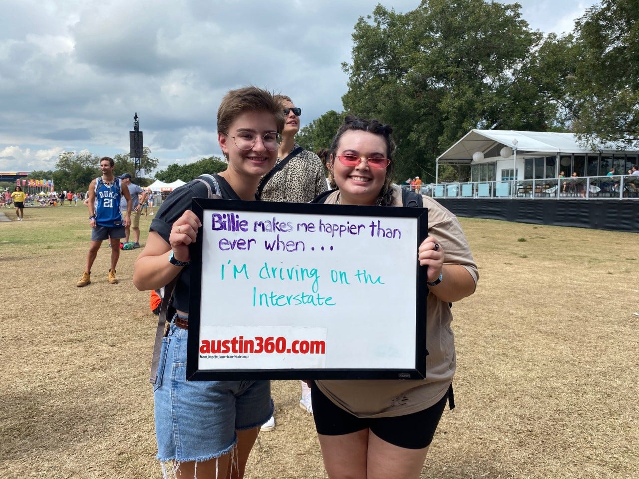 Kristin Bradford, 21, left, and Shelby Ford, 21, waiting for the Billie Eilish show on Saturday Oct. 2, 2021. Both are from Lubbock, Texas.