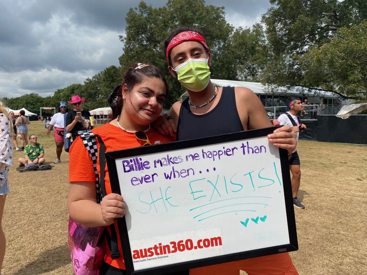 Judy Akrim, left, and Yazan Hamzeh waiting for the Billie Eilish show on Saturday Oct. 2, 2021. Both are from Austin, Texas.