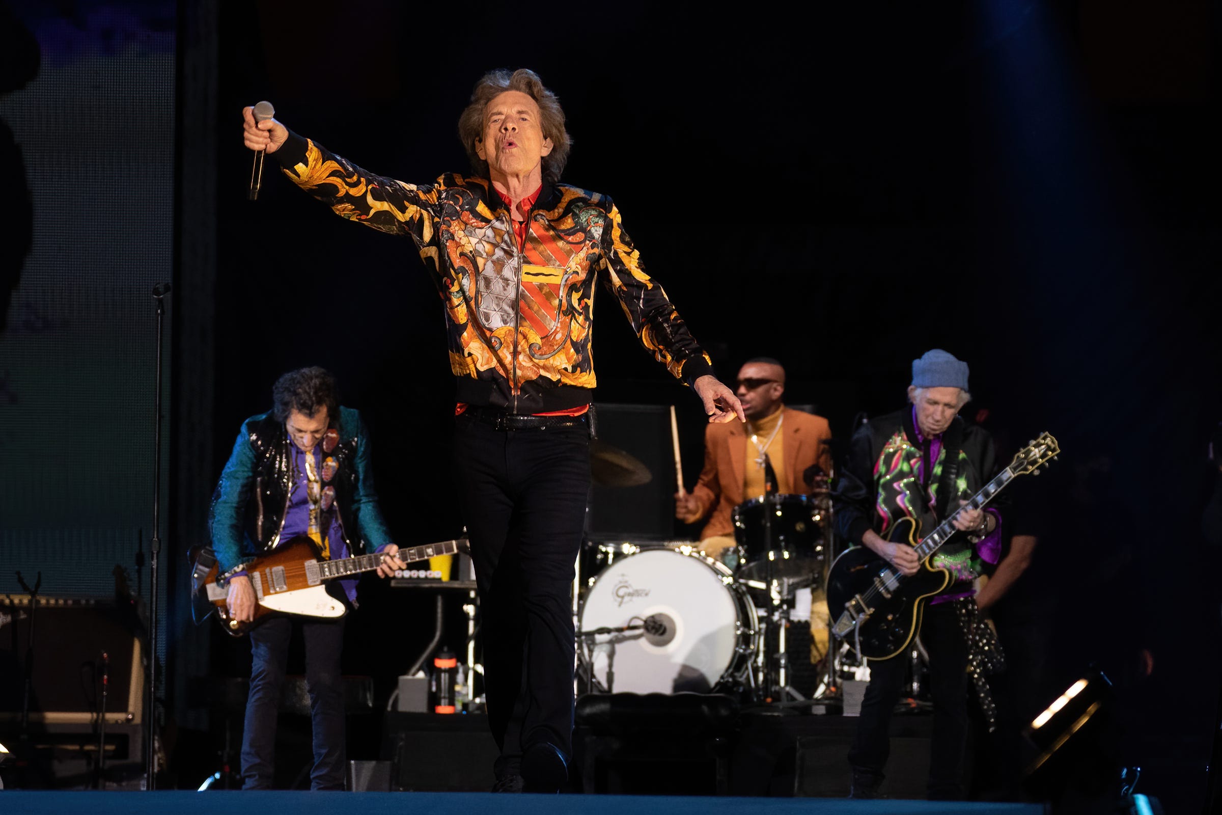 Ron Wood, Mick Jagger, Steve Jordan and Keith Richards of The Rolling Stones perform in support of their "No Filter Tour" at the Super Stage at Circuit of The Americas on November 20, 2021 in Austin, Texas.