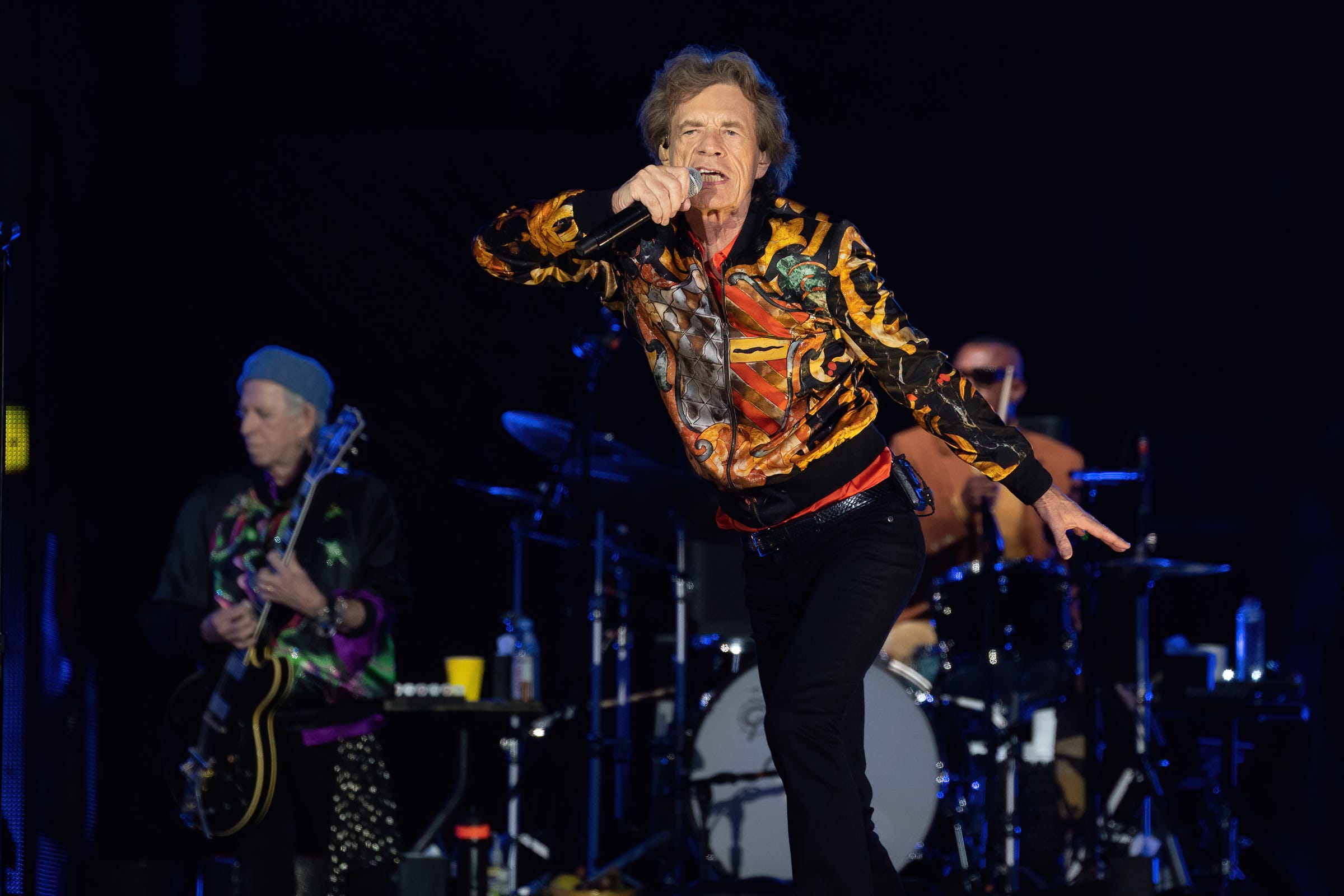Keith Richards, Mick Jagger, and Steve Jordan of The Rolling Stones perform in support of their "No Filter Tour" at the Super Stage at Circuit of The Americas on November 20, 2021 in Austin, Texas.